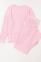 Ribbed V-Neck Top and Pants Lounge Set - Delanoir