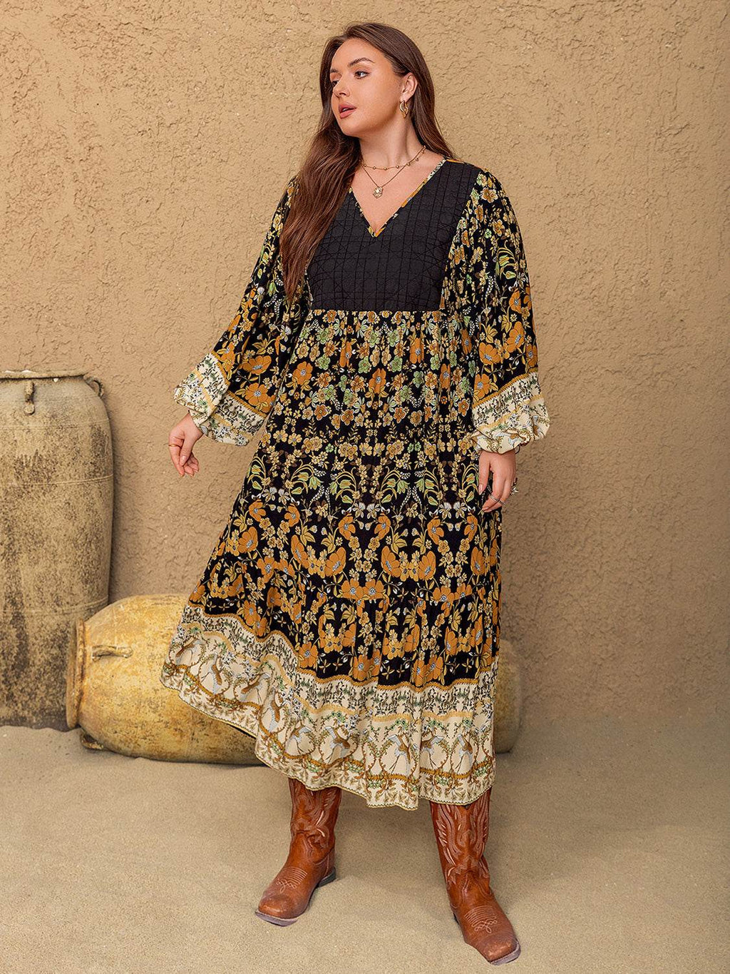 Plus Size Floral V-Neck Balloon Sleeve Midi Dress - Delanoir