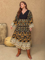 Plus Size Floral V-Neck Balloon Sleeve Midi Dress - Delanoir