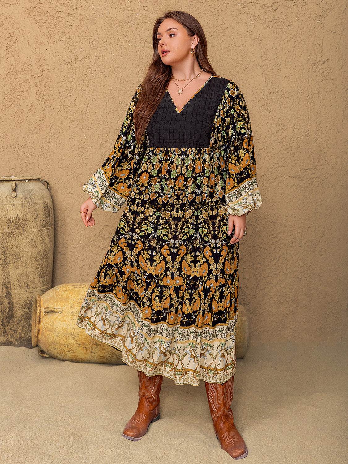Plus Size Floral V-Neck Balloon Sleeve Midi Dress - Delanoir
