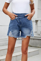 Distressed Raw Hem Asymmetric Waist Denim Shorts - Delanoir