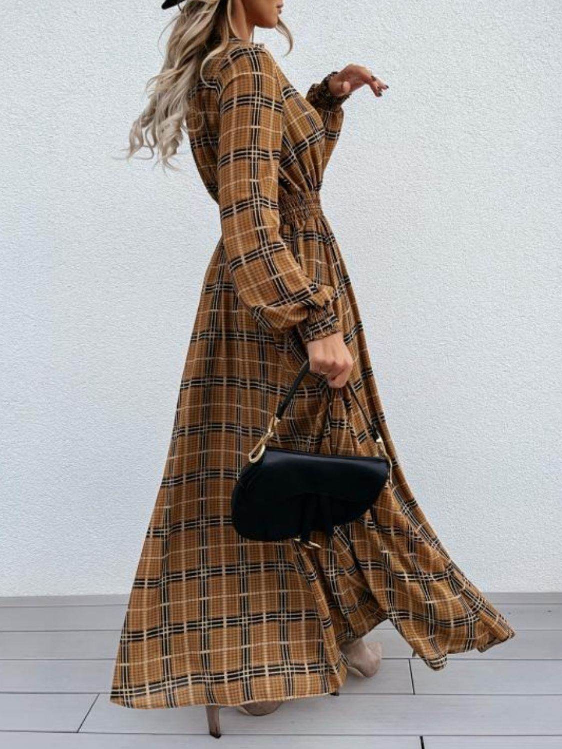 Slit Plaid Tie Neck Long Sleeve Maxi Dress - Delanoir