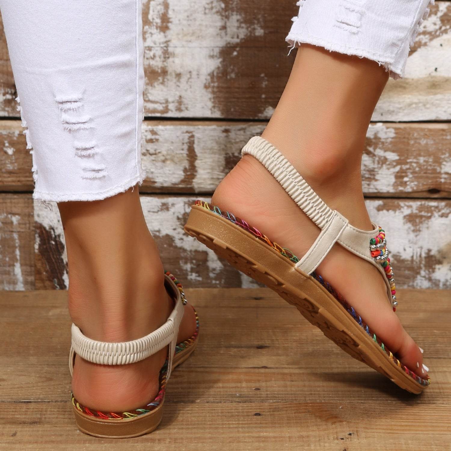Beaded PU Leather Open Toe Sandals - Delanoir