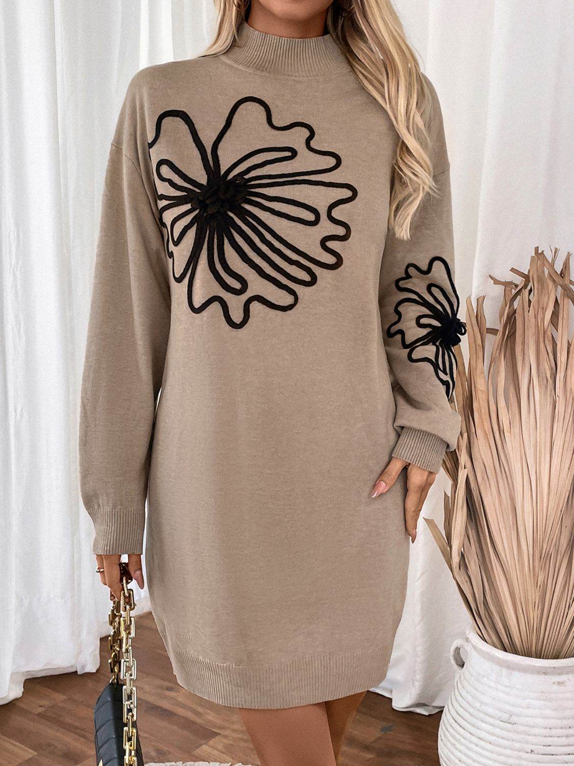 Perfee Flower Mock Neck Long Sleeve Sweater Dress - Delanoir