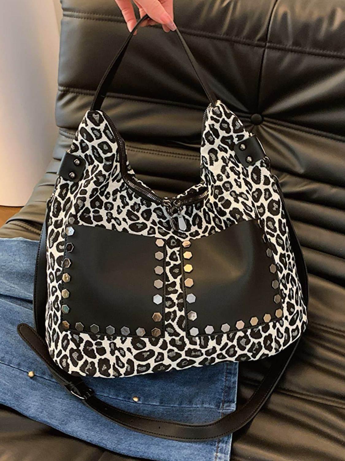 Leopard Polyester Shoulder Bag with Zippers - Delanoir