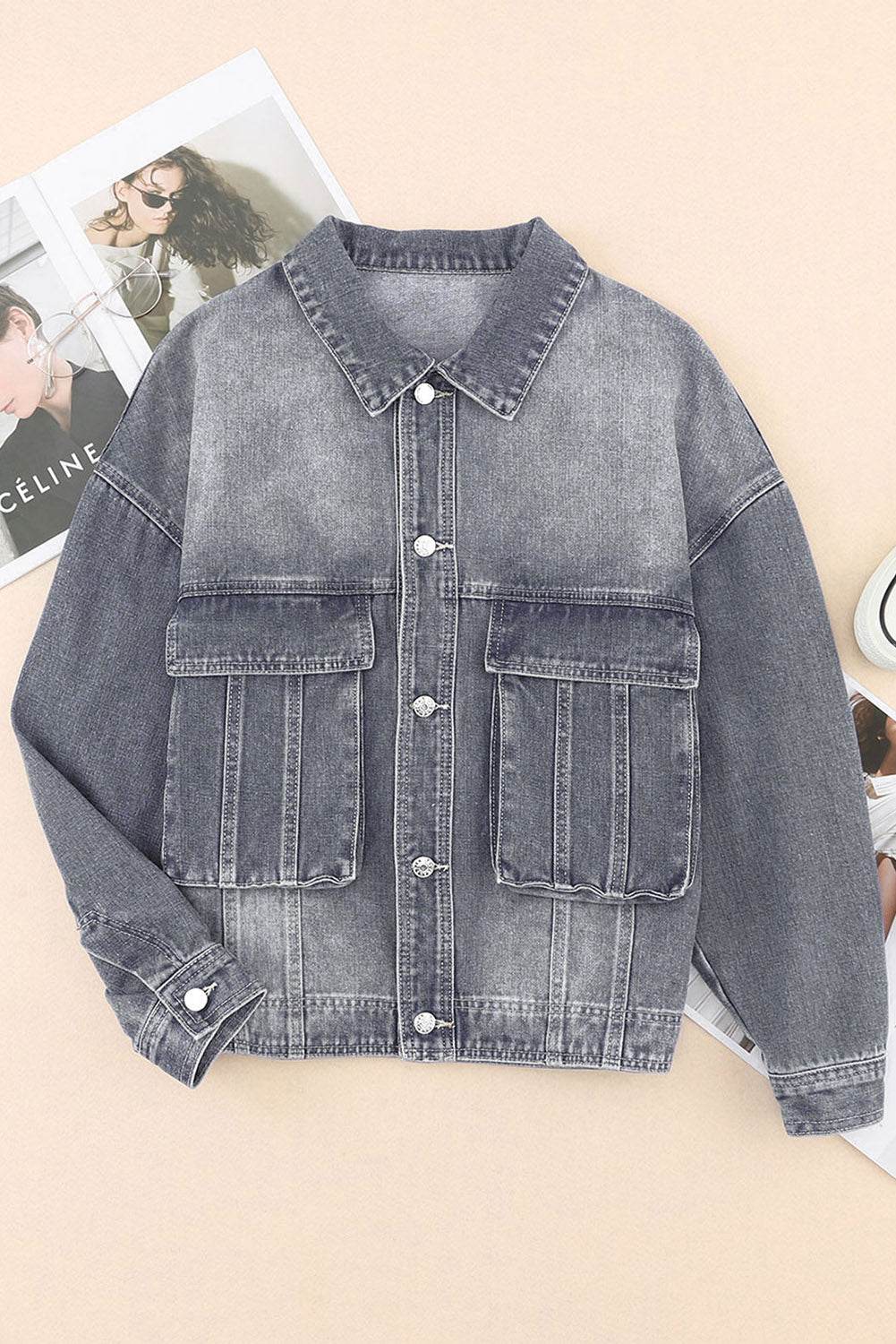 Collared Neck Button Up Denim Jacket - Delanoir