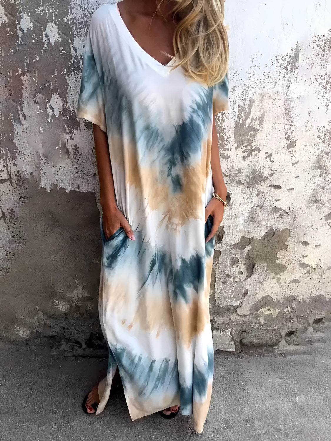 Full Size Pocketed Tie-Dye Short Sleeve Dress - Delanoir