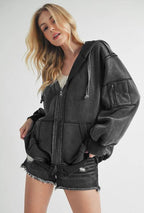 Aemi+Co Exposed Seam Zip Up Drawstring Hooded Jacket - Delanoir