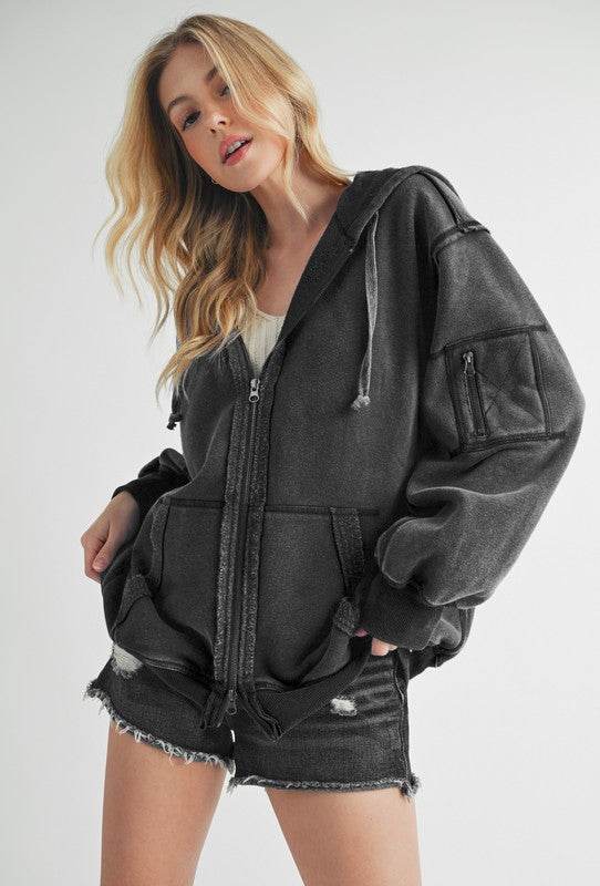 Aemi+Co Exposed Seam Zip Up Drawstring Hooded Jacket - Delanoir
