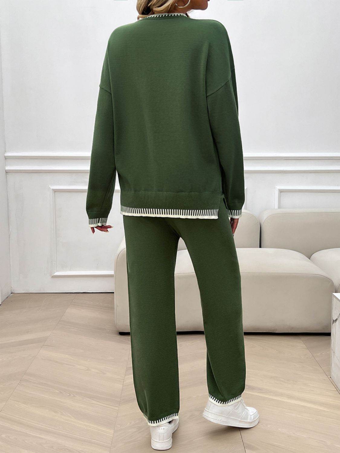 Devine Round Neck Dropped Shoulder Top and Pants Sweater Set - Delanoir
