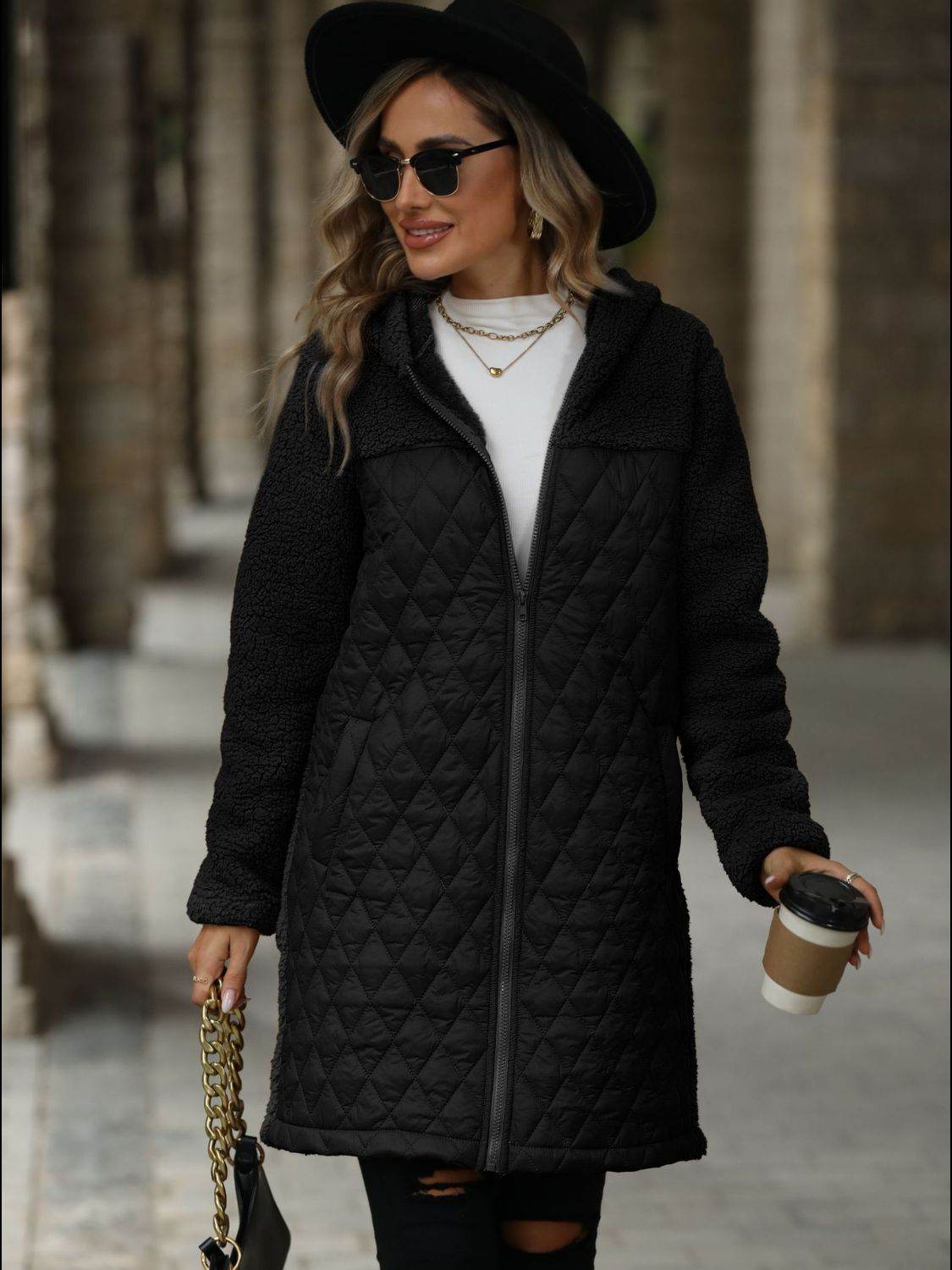 Texture Zip Up Long Sleeve Hooded Coat - Delanoir