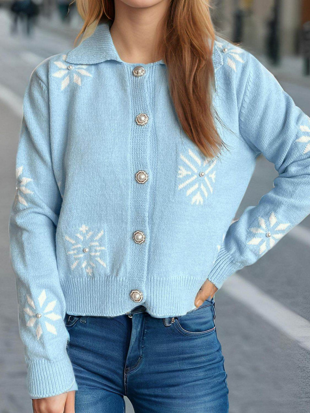 Pearl Trim Collared Neck Long Sleeve Cardigan - Delanoir