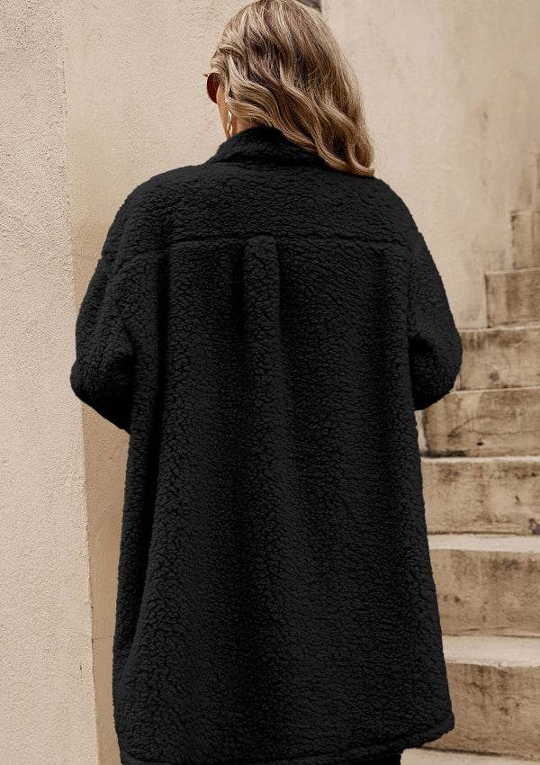 Collared Neck Long Sleeve Longline Teddy Jacket - Delanoir