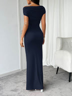 Devine Ruched Single Shoulder Short Sleeve Maxi Dress - Delanoir
