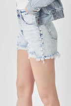 RISEN Raw Hem Distressed High Rise Denim Shorts - Delanoir