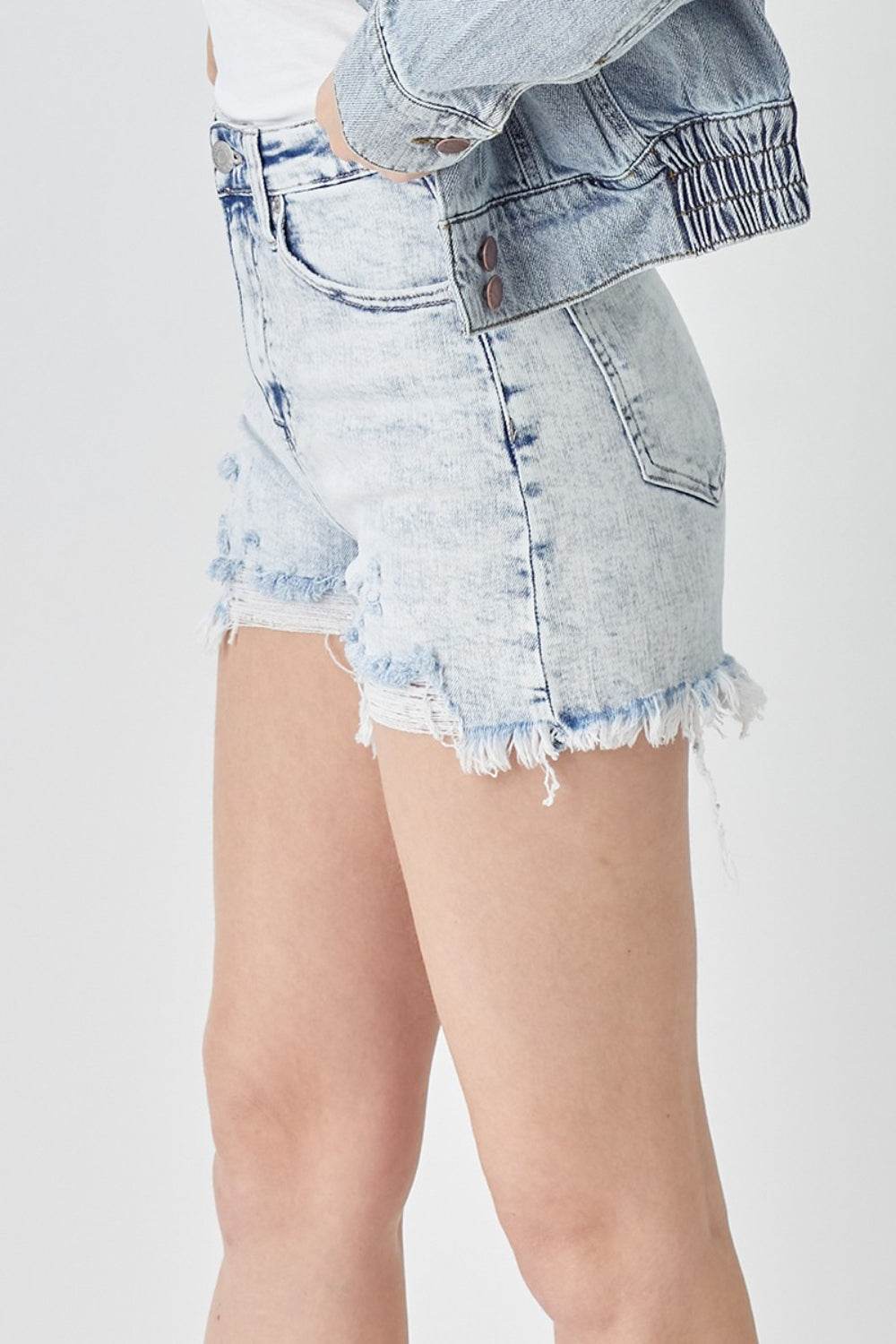 RISEN Raw Hem Distressed High Rise Denim Shorts - Delanoir