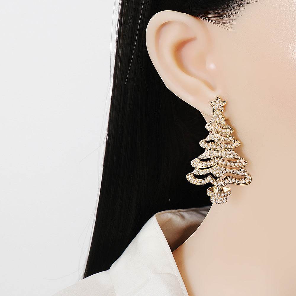 Rhinestone Alloy Christmas Tree Earrings - Delanoir