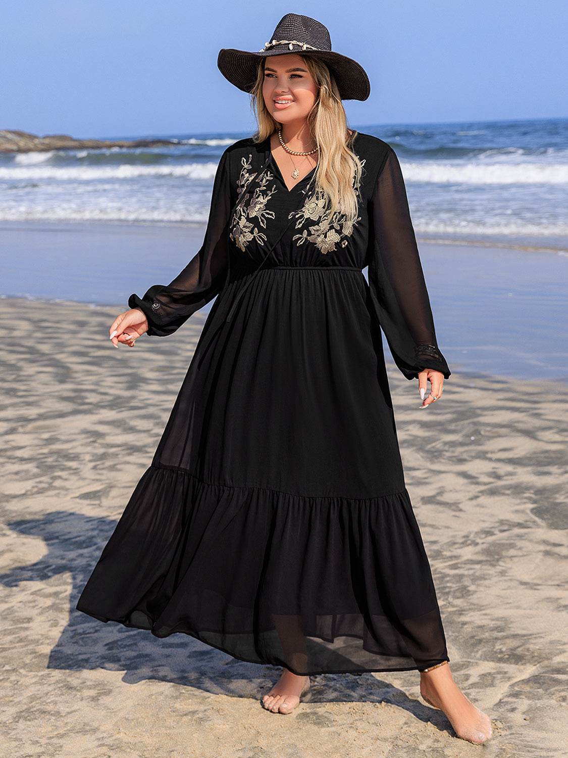 Plus Size Embroidered Tie Neck Long Sleeve Dress - Delanoir