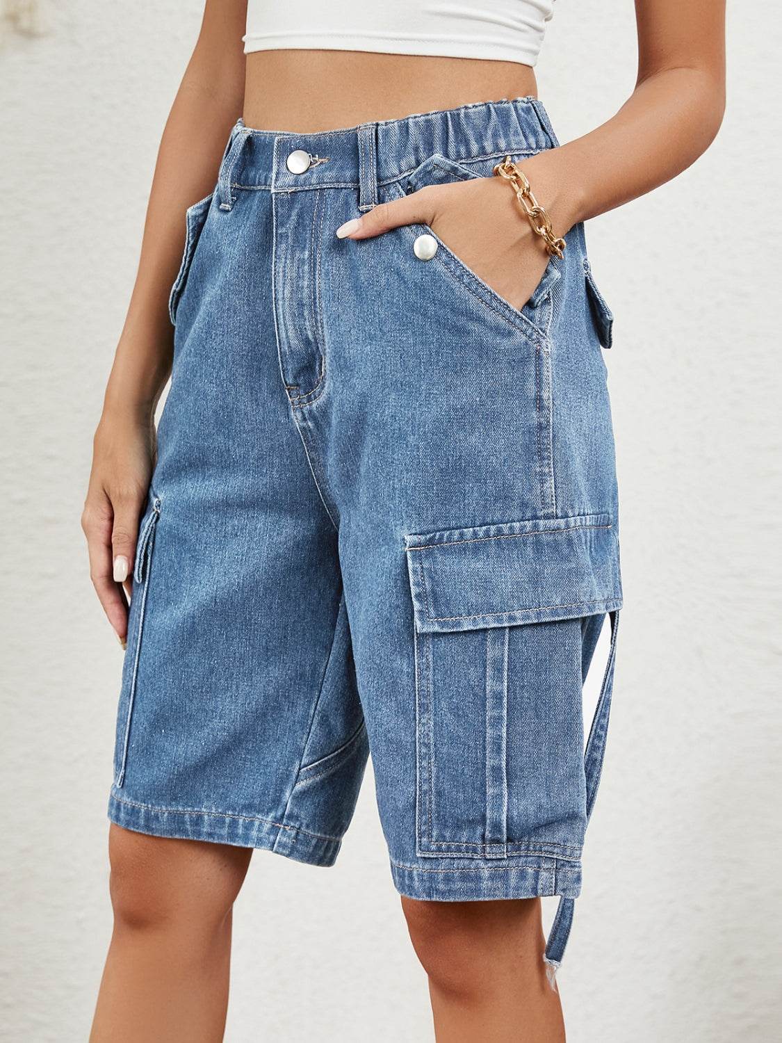 Buttoned Elastic Waist Denim Shorts with Pockets - Delanoir