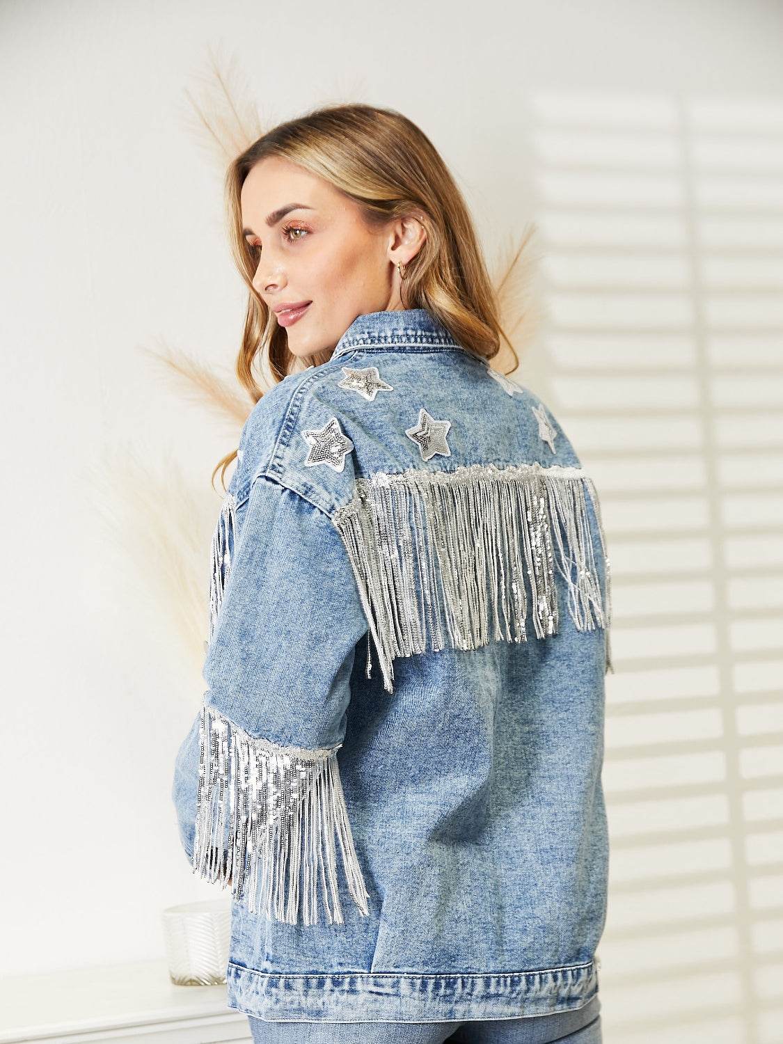 Fringe Detail Long Sleeve Denim Jacket - Delanoir