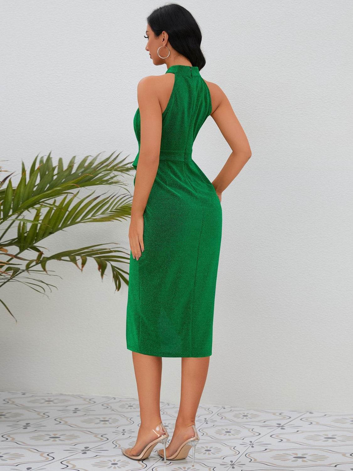 Slit Ruched Mock Neck Sleeveless Dress - Delanoir