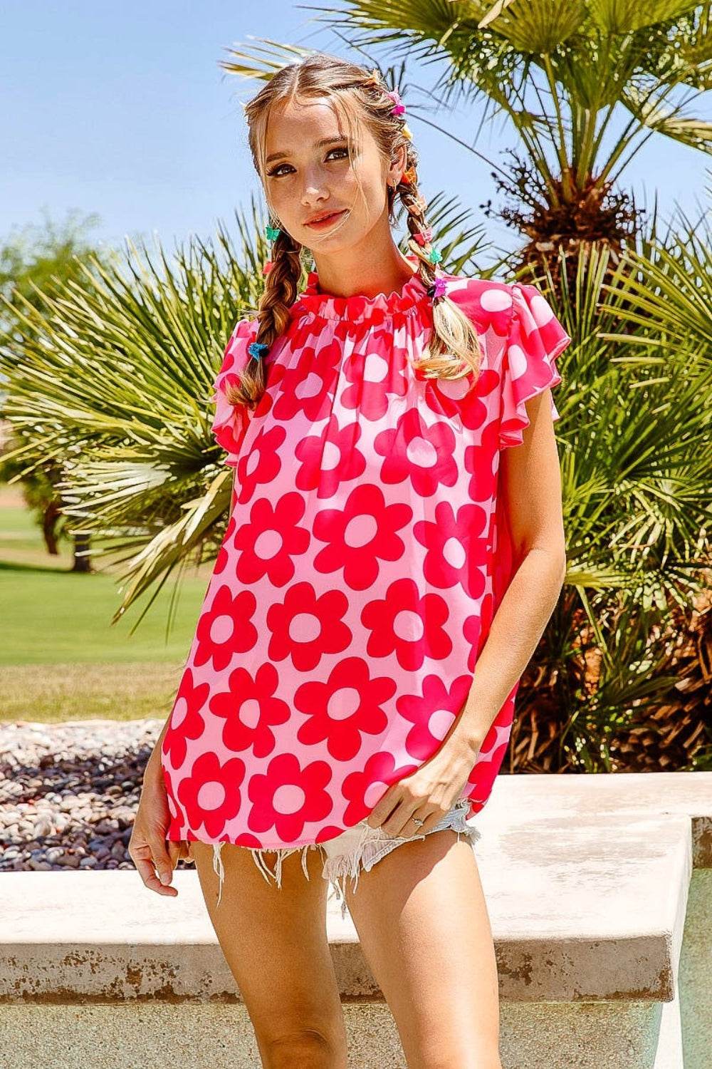 BiBi Floral Contrast Ruffled Top - Delanoir