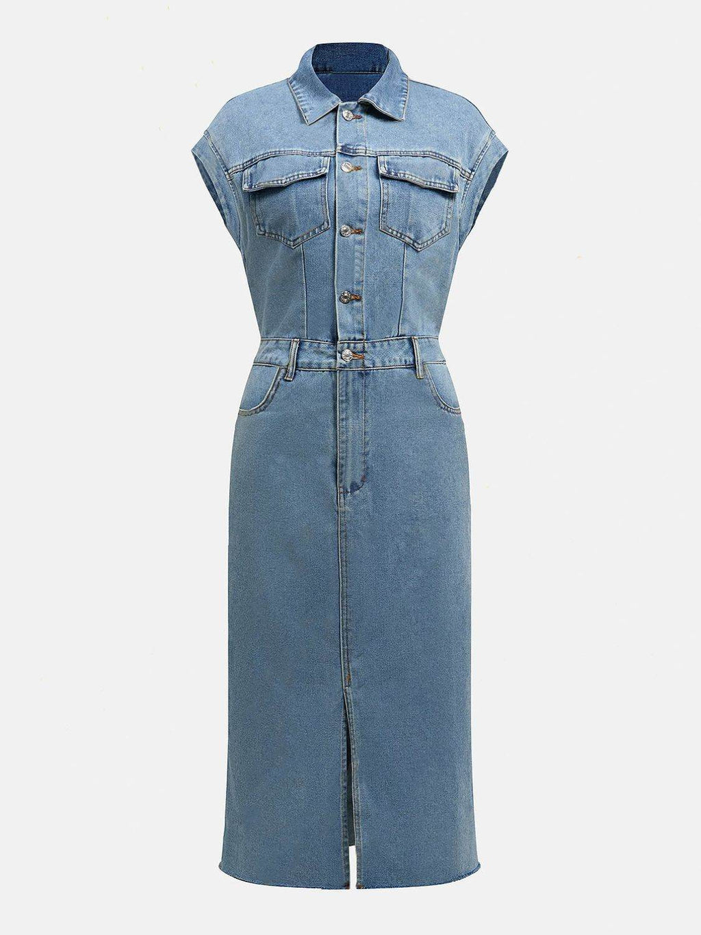 Slit Half Button Collared Neck Cap Sleeve Denim Dress - Delanoir