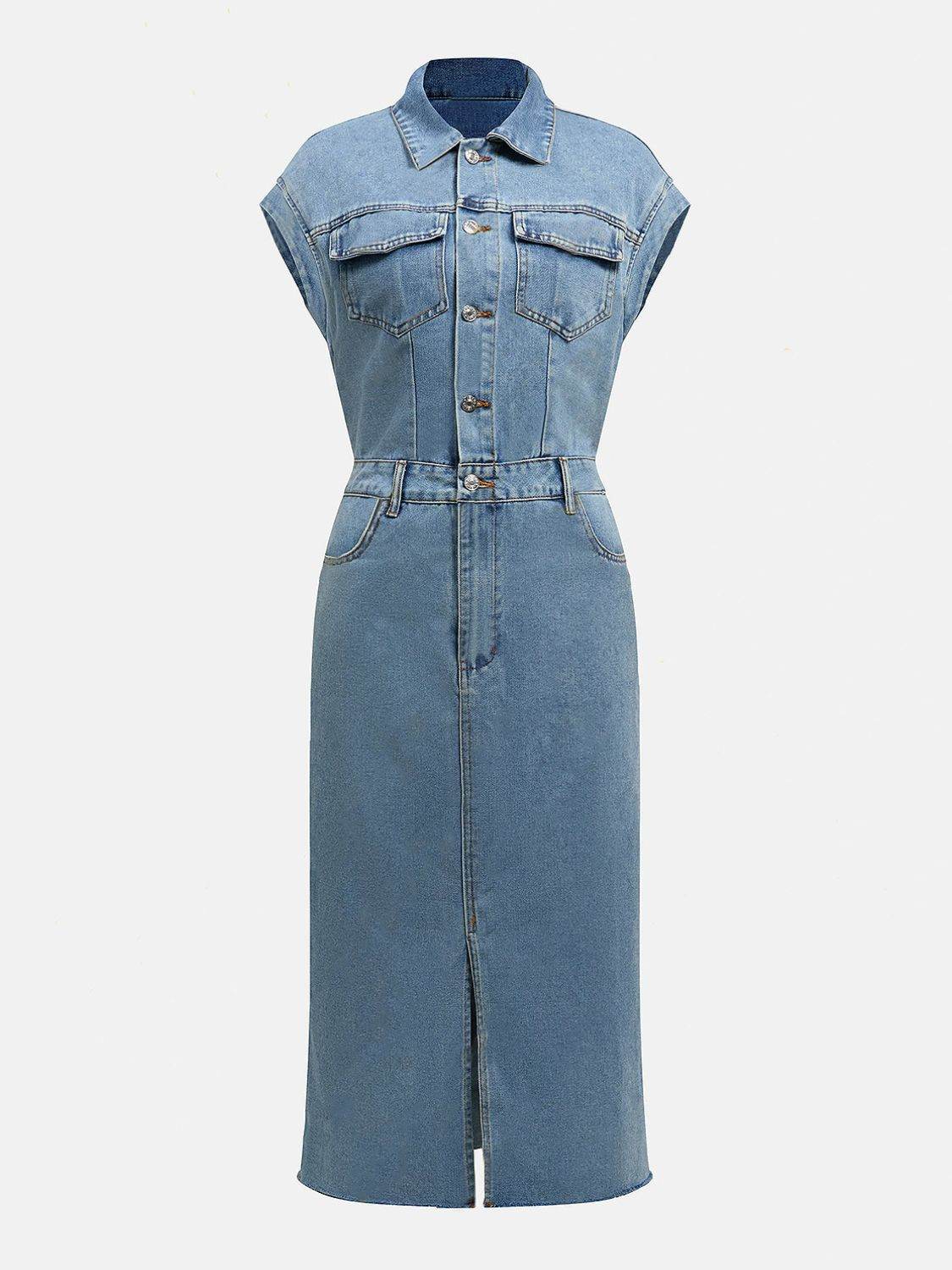 Slit Half Button Collared Neck Cap Sleeve Denim Dress - Delanoir
