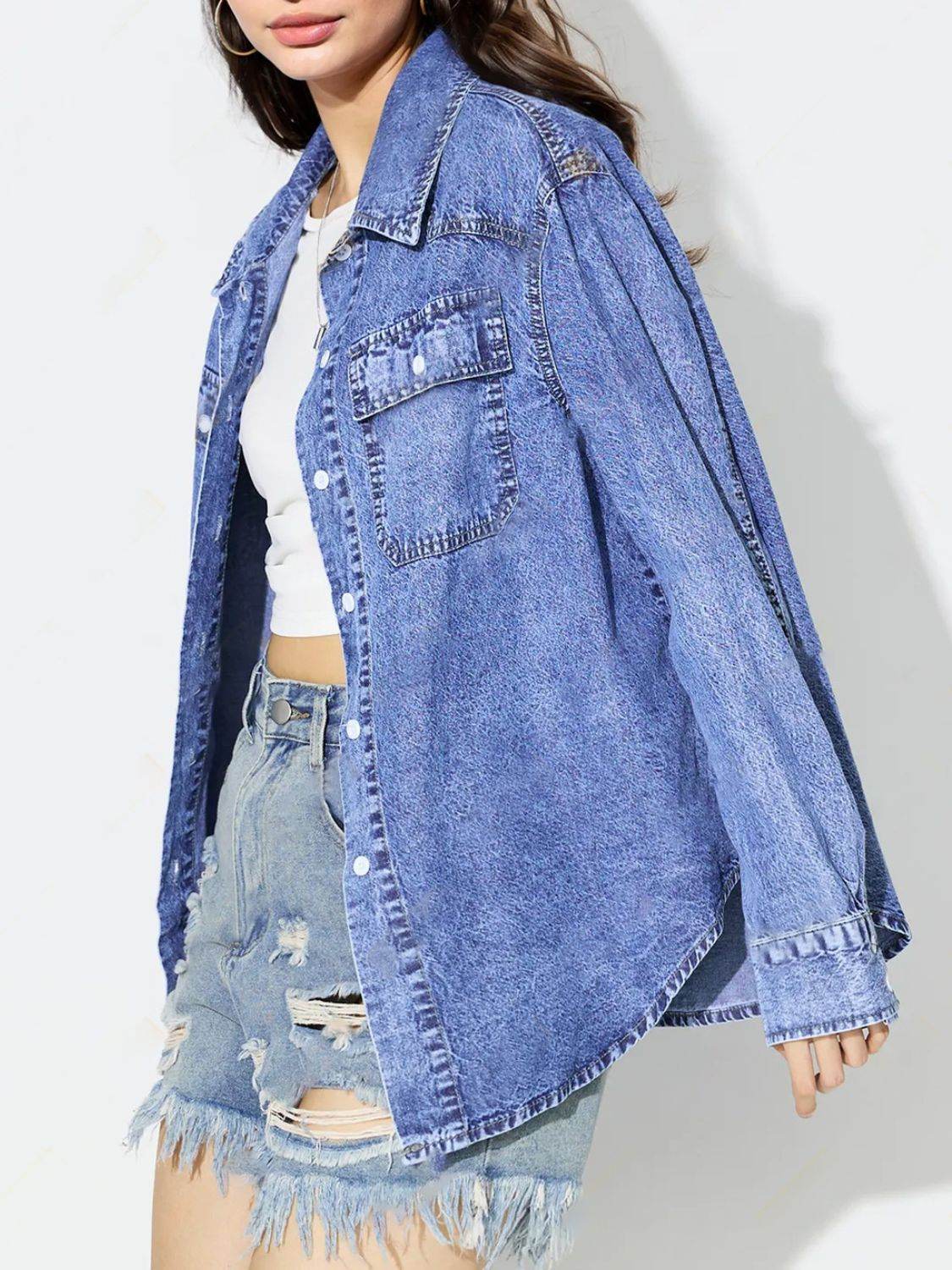 Curved Hem Collared Neck Denim Top - Delanoir