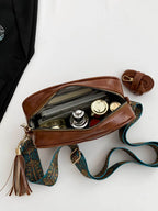Tassel PU Leather Printed Strap Cassette Crossbody Bag - Delanoir