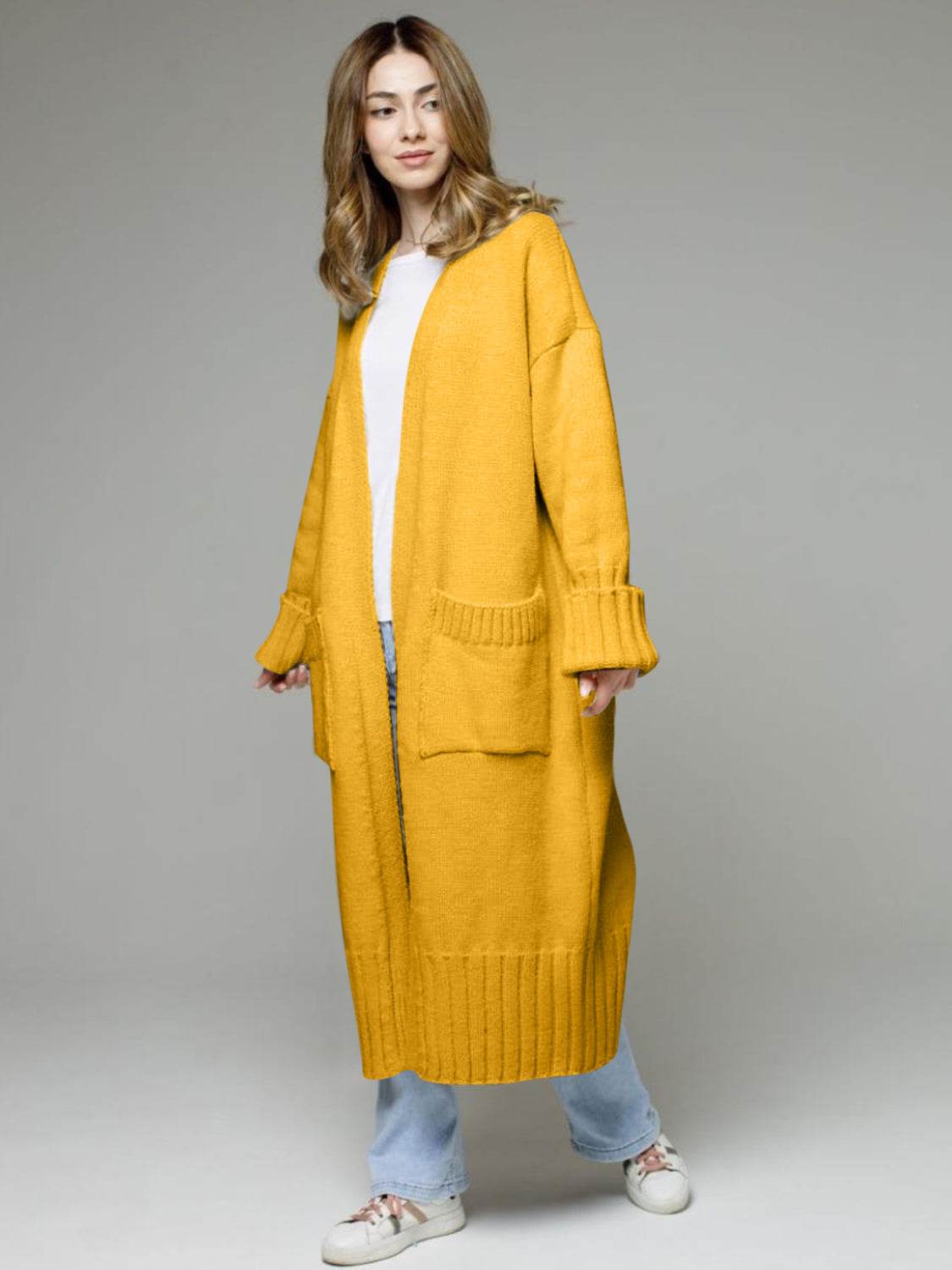 Pocketed Open Front Dropped Shoulder Cardigan - Delanoir