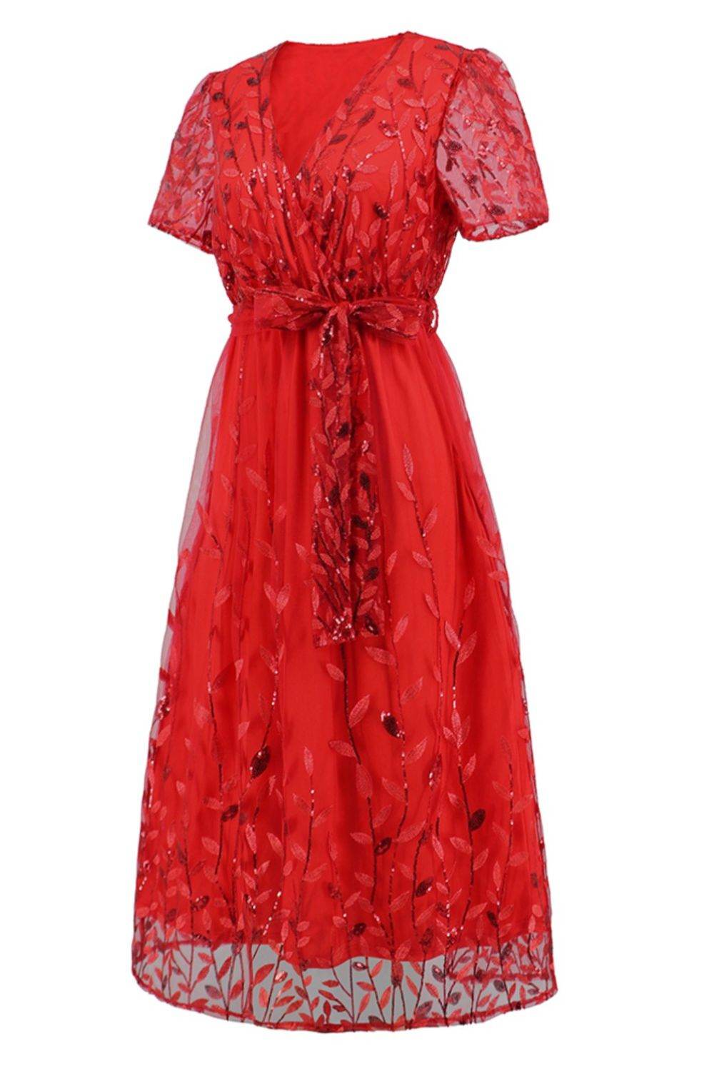 Sequin Leaf Embroidery Tie Front Short Sleeve Dress - Delanoir