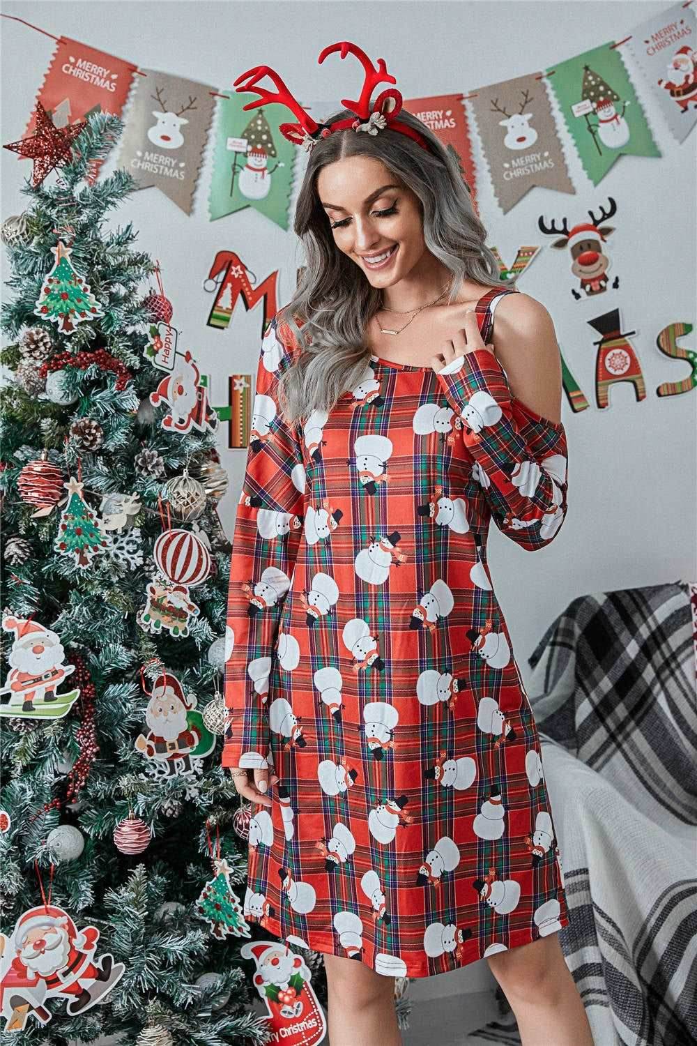 Christmas Asymmetrical Neck Long Sleeve Dress - Delanoir