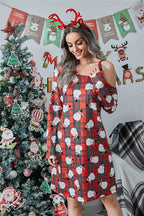 Christmas Asymmetrical Neck Long Sleeve Dress - Delanoir