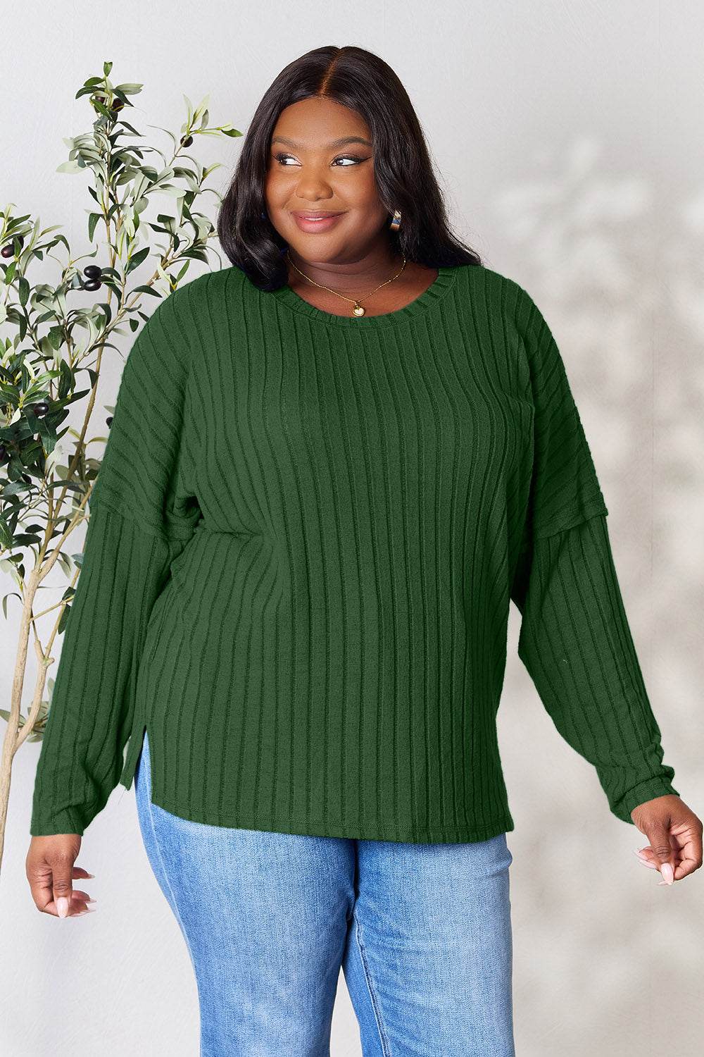 Basic Bae Full Size Ribbed Round Neck Slit Knit Top - Delanoir