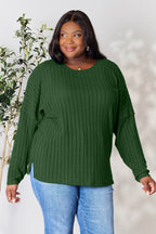 Basic Bae Full Size Ribbed Round Neck Slit Knit Top - Delanoir