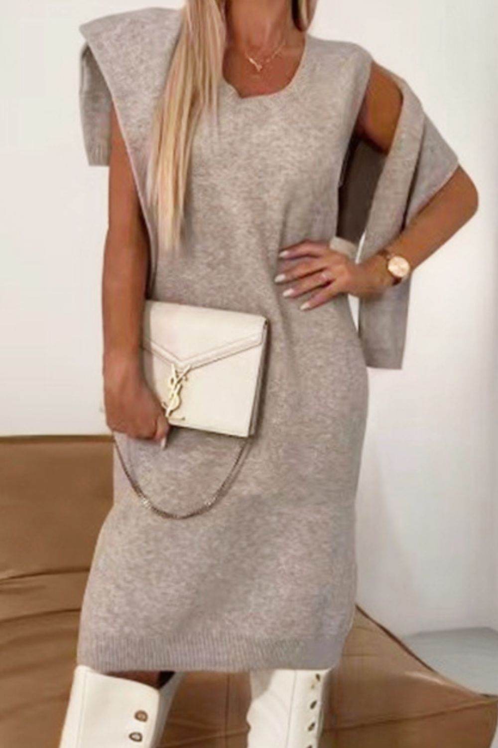 Turtleneck Dropped Shoulder Sweater and Midi Dress Sweater Set - Delanoir