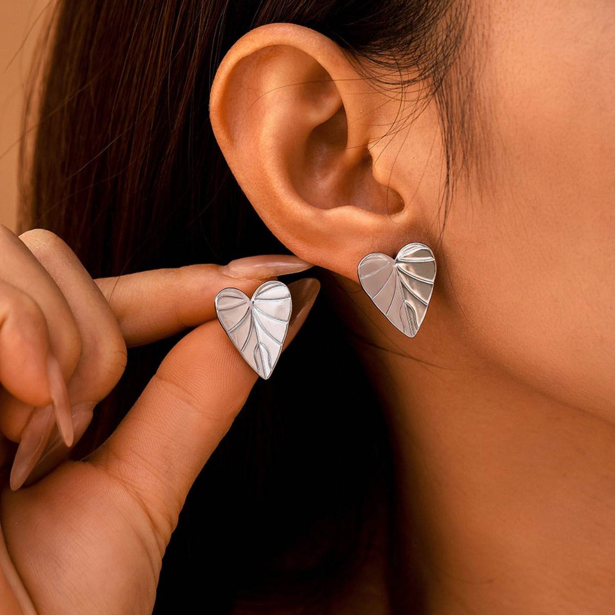 Stainless Steel Heart Leaf Stud Earring - Delanoir