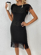 Fringe Openwork Boat Neck Knit Dress - Delanoir