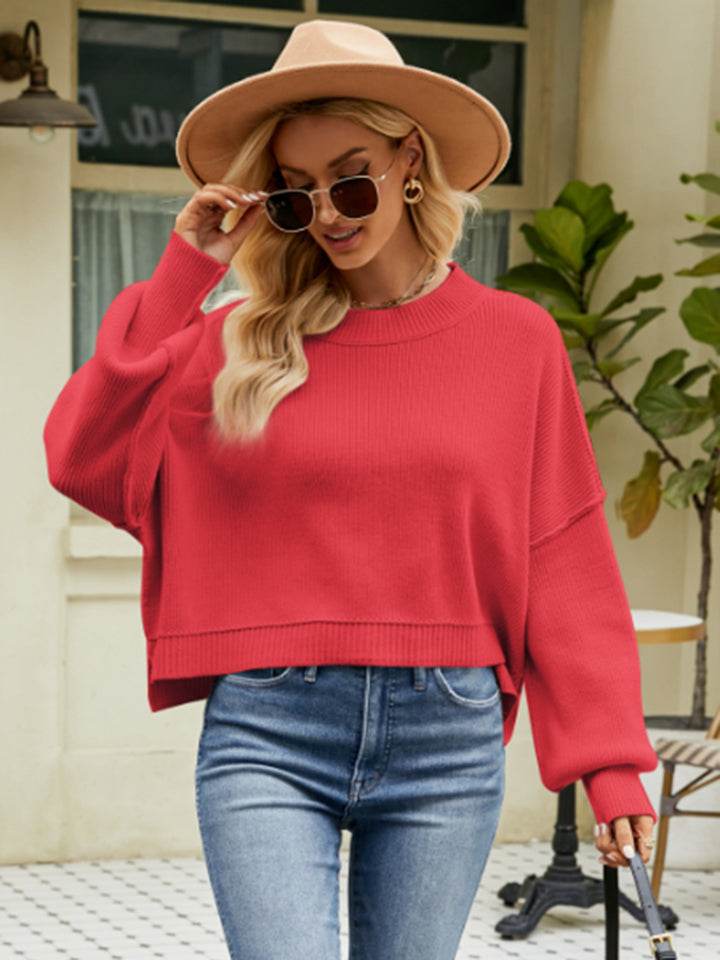 Round Neck Lantern Sleeve Sweater - Delanoir