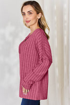 Basic Bae Full Size Ribbed Half Button Long Sleeve T-Shirt - Delanoir