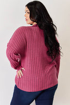 Basic Bae Full Size Ribbed Half Button Long Sleeve High-Low T-Shirt - Delanoir