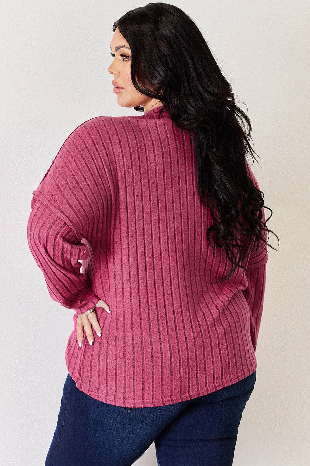 Basic Bae Full Size Ribbed Half Button Long Sleeve High-Low T-Shirt - Delanoir