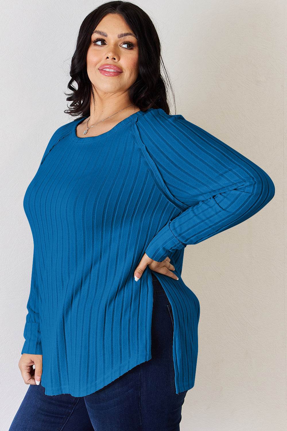 Basic Bae Full Size Ribbed Round Neck Slit T-Shirt - Delanoir