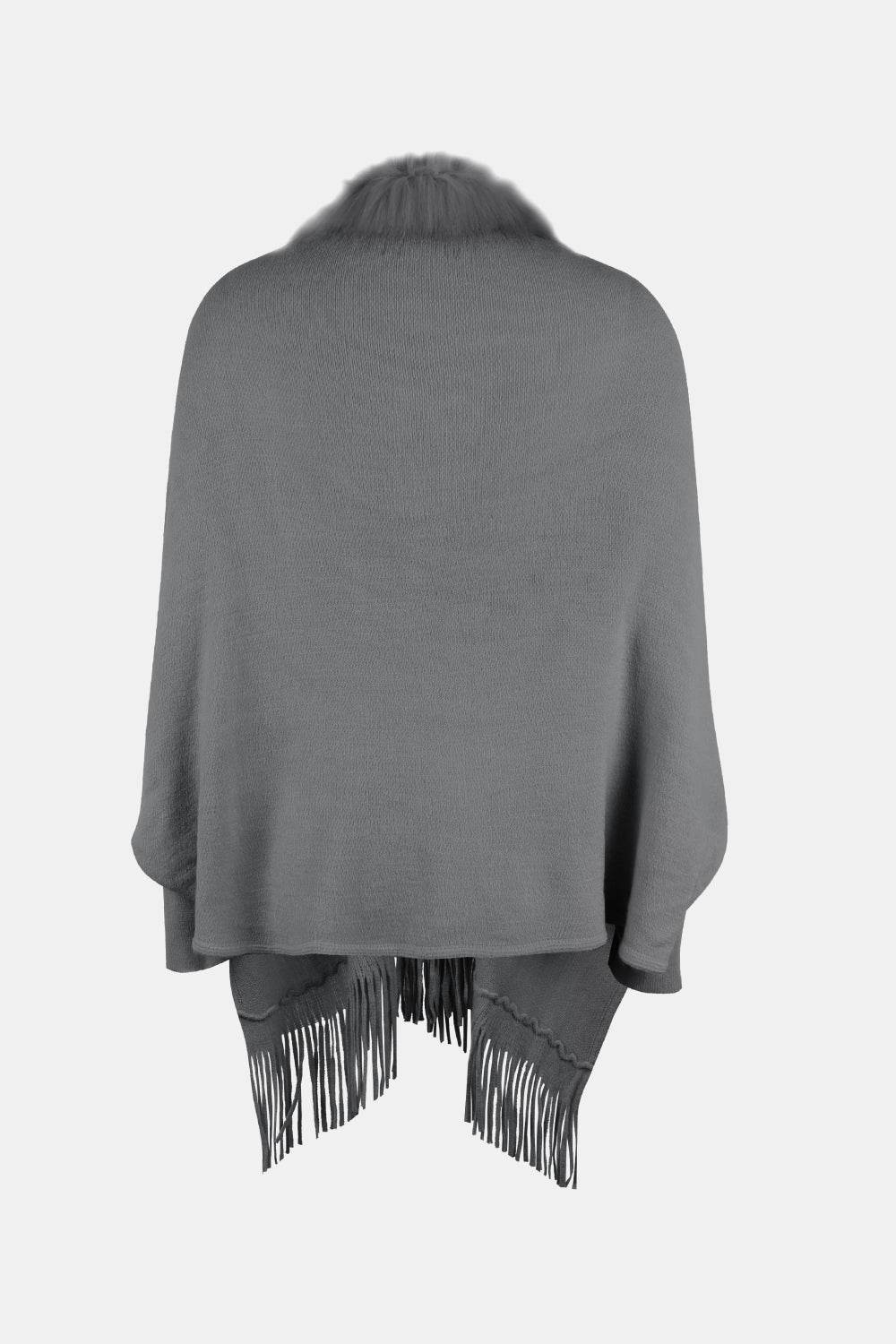 Fringe Open Front Long Sleeve Poncho - Delanoir