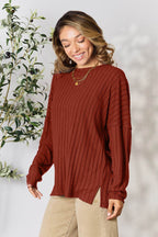 Basic Bae Full Size Ribbed Round Neck Slit Knit Top - Delanoir