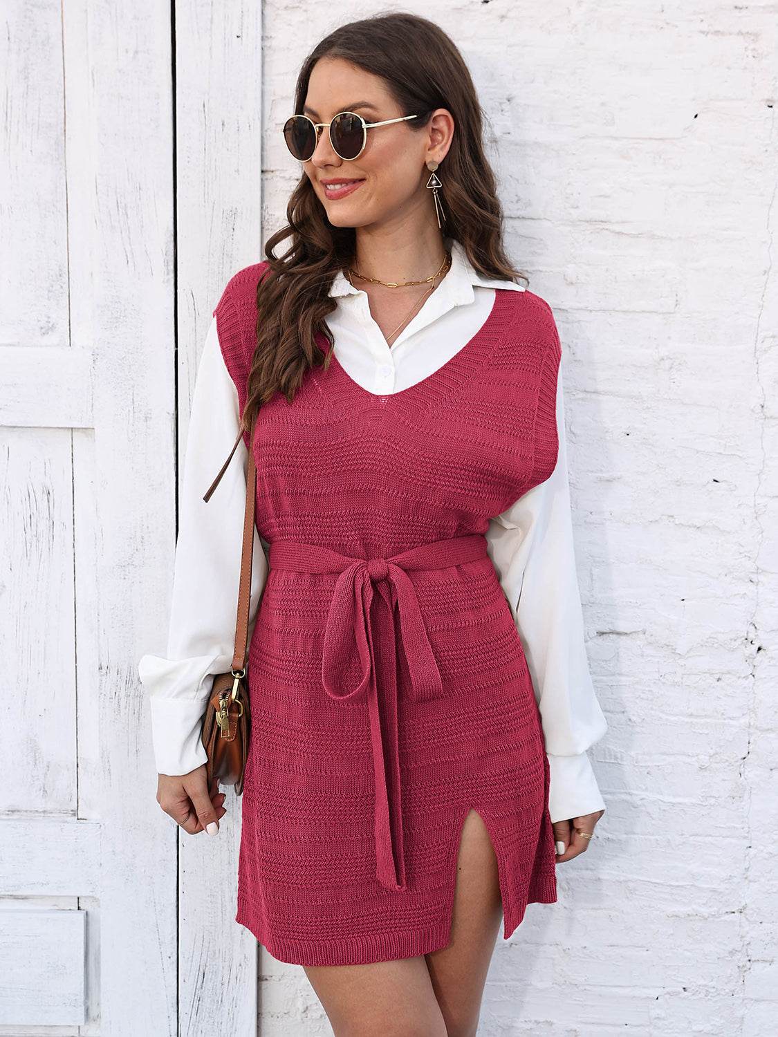 Tie Front V-Neck Sleeveless Slit Sweater Dress - Delanoir