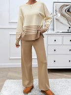 Devine Slit Striped Round Neck Top and Pants Sweater Set - Delanoir