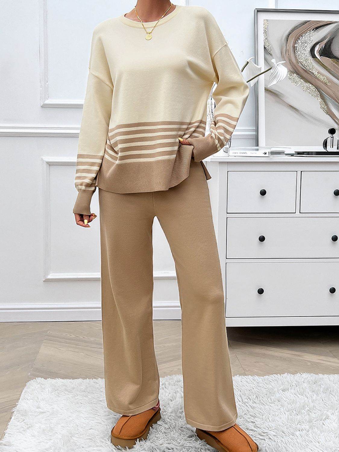 Devine Slit Striped Round Neck Top and Pants Sweater Set - Delanoir