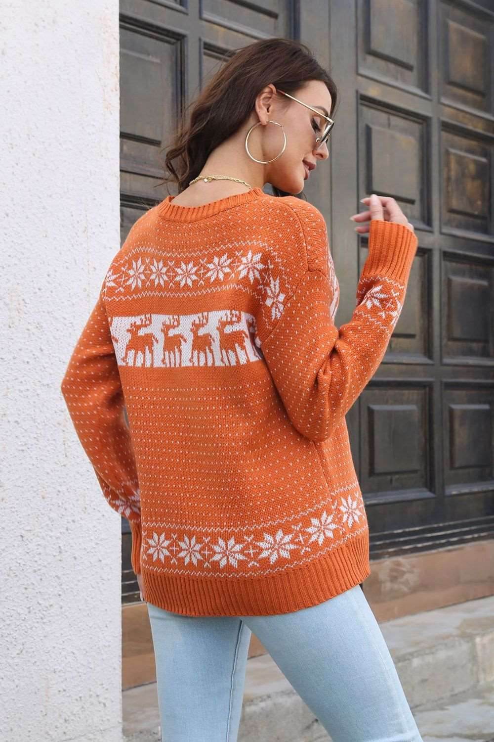 Reindeer & Snowflake Pattern Dropped Shoulder Pullover Sweater - Delanoir